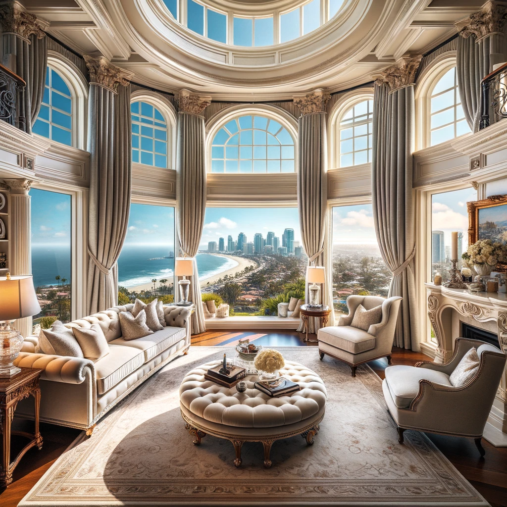 Opulent living room featuring grand bay windows with panoramic views of San Diego's coastline and skyline.