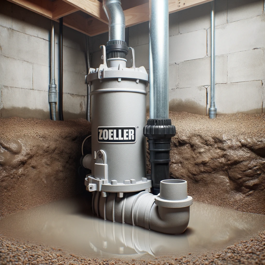 A Zoeller sump pump efficiently installed in a basement to prevent flooding, showcasing the dry surrounding area.