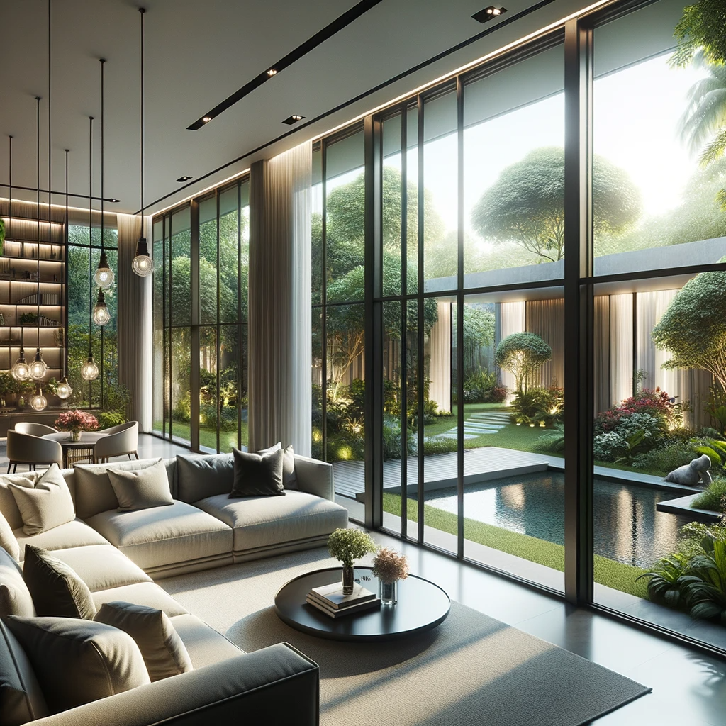 Modern living room illuminated by large Newman windows overlooking a serene garden, highlighting the sleek design and clarity of the glass.