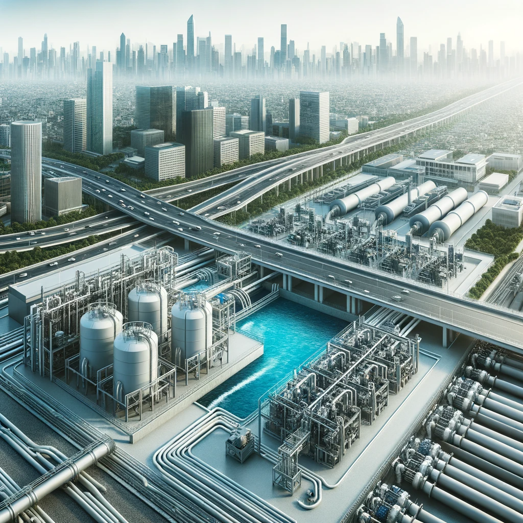 Modern water treatment facility with urban city skyline in the background.