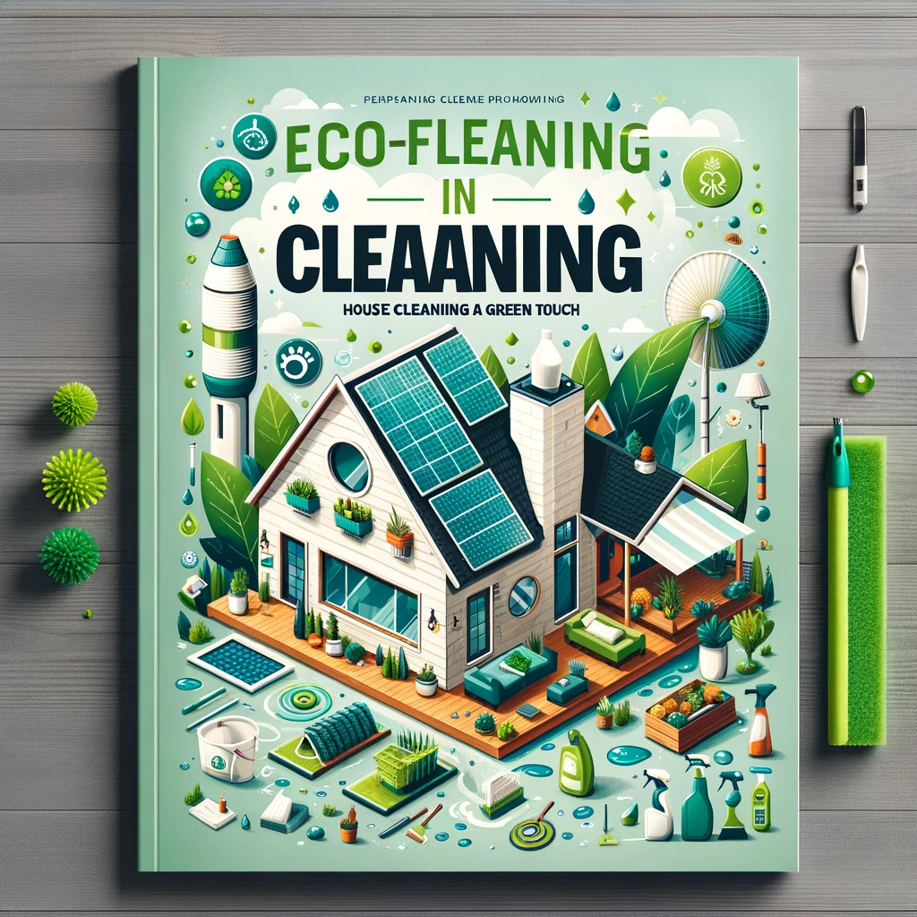Cover image of 'Eco-Friendly Cleaning in Indianapolis' featuring a sustainable home with solar panels, a rainwater system, and eco-friendly cleaning tools.