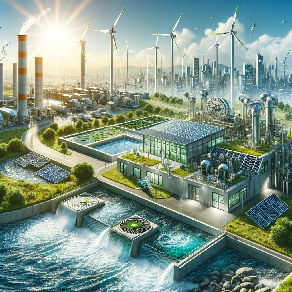 Advanced, eco-friendly wastewater treatment technologies with a modern facility featuring solar panels, wind turbines, and green roofs in the foreground, and a sustainable city skyline in the background, under a clear day sky.