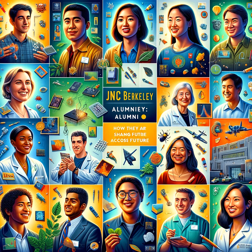 A vibrant collage of JNC Berkeley alumni, a diverse group of men and women from various ethnic backgrounds, who have made remarkable achievements in technology, healthcare, environmental science, and arts. Each portrait is paired with a symbolic icon representing their respective fields.