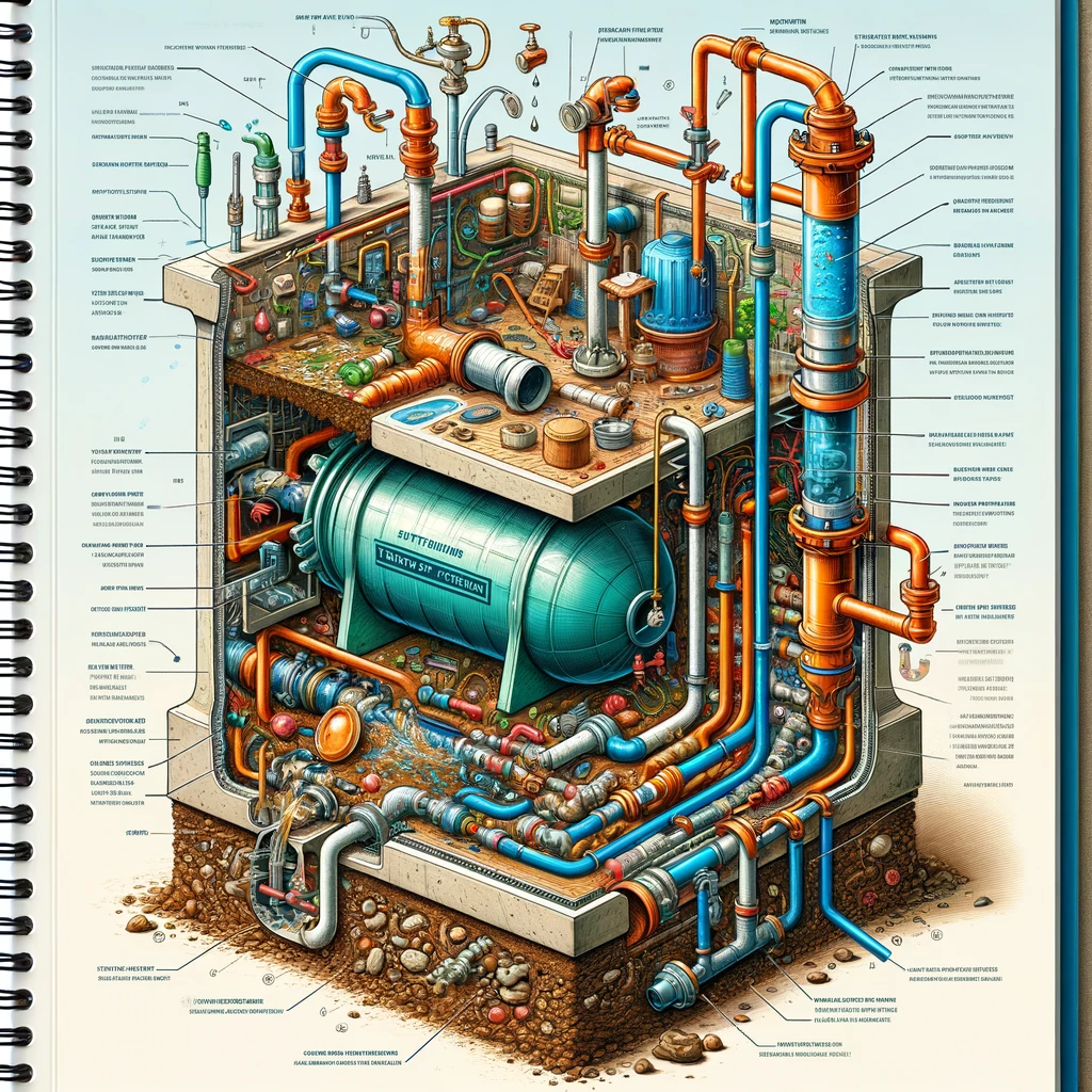 An informative book cover illustration displaying a cross-sectional view of a septic tank system. It shows various components like the tank, pipes, and pump, with labels and arrows indicating key parts such as the inlet pipe, tank, outlet pipe, and the septic pump.
