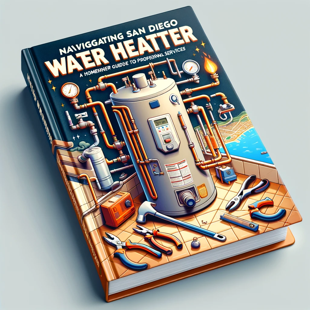 3D book cover for 'Navigating San Diego Water Heater Repair', featuring a water heater illustration, repair tools, and a San Diego map.