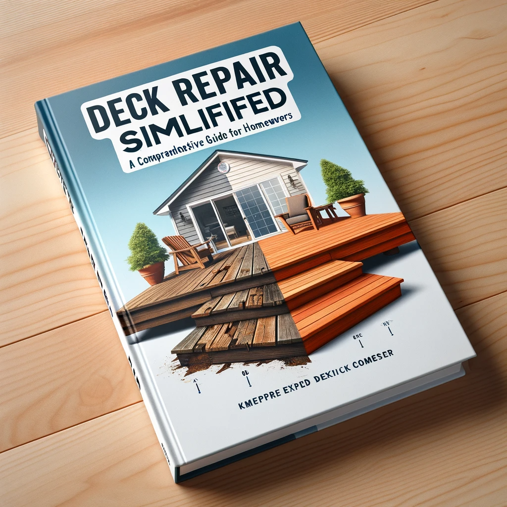 A book cover showing a half-repaired wooden deck, illustrating the contrast between the old, worn side and the newly polished side, with the title 'Deck Repair Simplified: A Comprehensive Guide for Homeowners' at the top.
