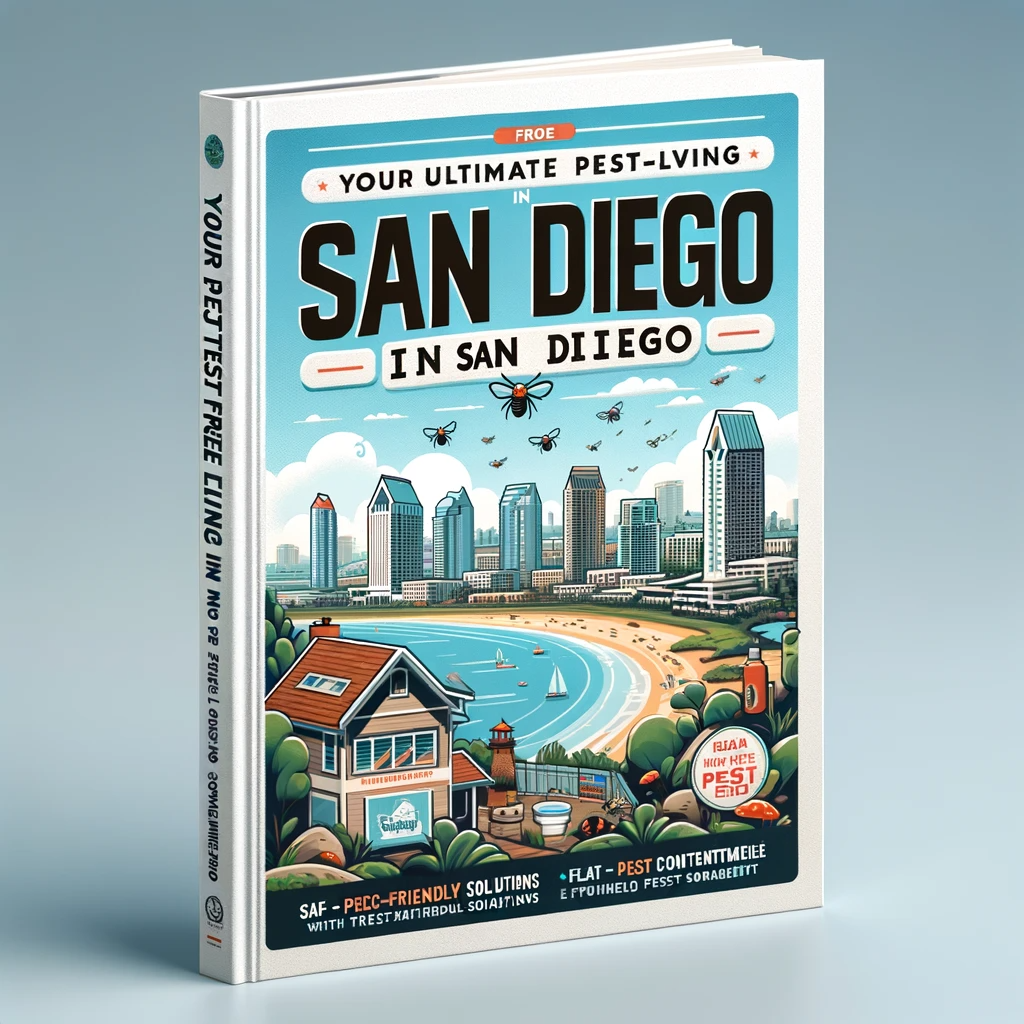 Book cover featuring San Diego landmarks and pest control solutions, titled 'Your Ultimate Guide to Pest-Free Living in San Diego'.